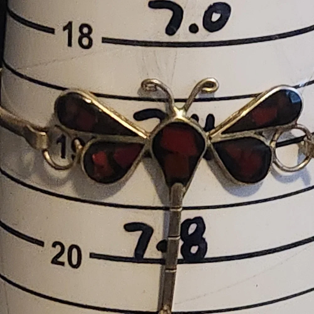 Vintage Dragonfly Inlay Cuff Bracelet Red Black‎ Mosaic Silver Tone Artisan Boho